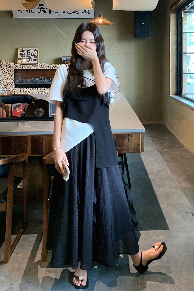 设计感小众套装裙女2025夏新款慵懒风不规则吊带T恤半身裙三件套,女装套装/套裙,2C015