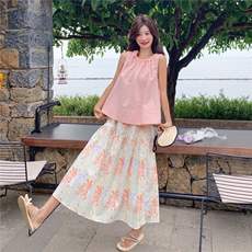 蝴蝶结系带背心上衣清新印花半身裙套装女2025年夏季氛围感两件套，女装套装/套裙，2C201
