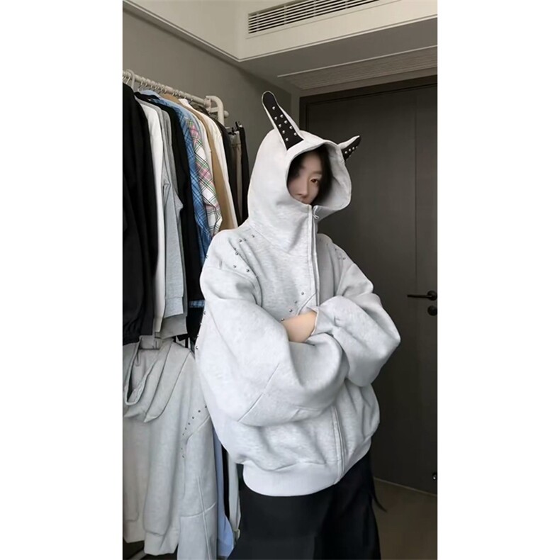 抖音得物高品质26春装美式高街铆钉杜宾犬耳朵开衫卫衣外套W125,女装短外套,电商A486