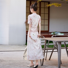 2024年夏季新款新中式盘扣印花短袖半裙修身显瘦两件套套裙，女装套装/套裙，奕薇雅