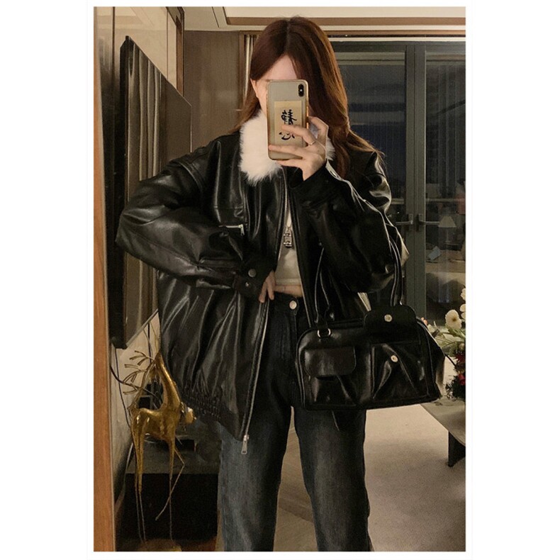 CC686-P125毛领美式复古廓形翻领机车夹克夹棉皮衣冬季新款棉衣,女装皮衣,星座1611A