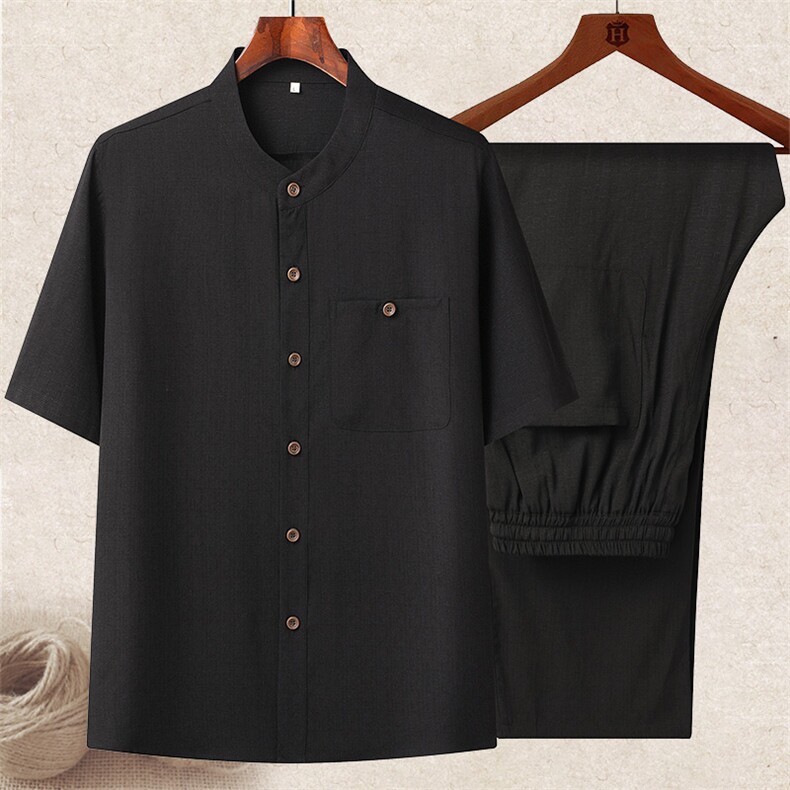 主推夏男中老年风轻薄衬衫棉麻套装中年短袖套装棉麻长裤，男装中老年男装，钱塘723