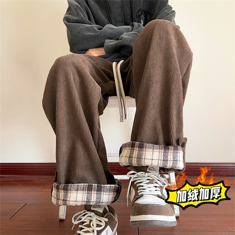 加绒灯芯绒休闲裤 D5302-TP55控价78 冬季保暖加厚男格子翻边长裤图片