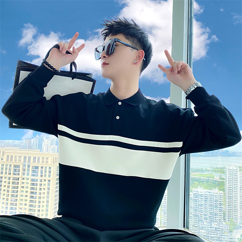 AW16/P68控98秋季社会小伙百搭条纹撞色polo领长袖卫衣男黑首,男装卫衣,星座305B-1