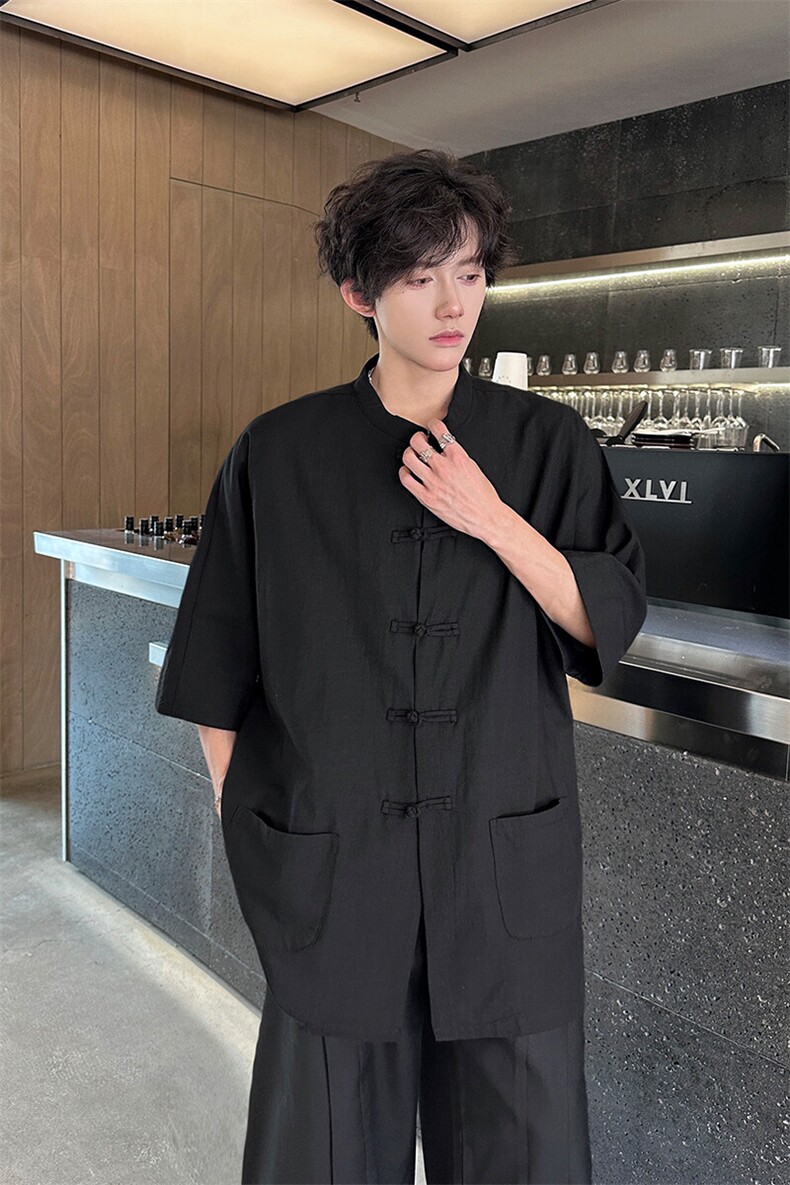 8XL-M新中式衬衫男中山装麻棉风复古中袖衬衣唐装CS527P60,男装衬衫,电商D206-1