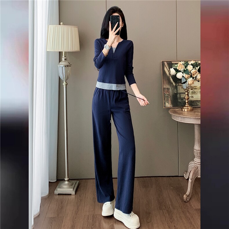 高品质时尚气质减龄套装女初秋新款拼接假两件上衣阔腿长裤两件套,女装套装/套裙,江南