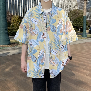 精品大码花男短袖夏季痞宽松上衣服外套翻领衬衫A012/824P35图片