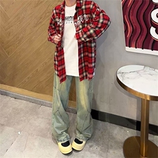 复古红色格子刺绣衬衫男女潮牌长袖高街情侣款衬衣外套WLC066-P34，男装衬衫，星座1008