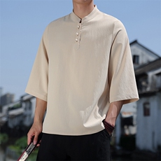2025新款夏季风纯色立领上衣盘扣休闲T恤宽松潮流男T2505-P45，男装T恤，电商A008
