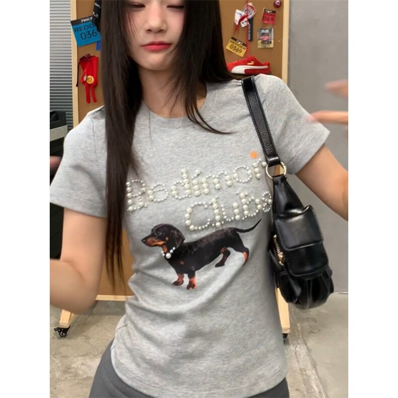 H0895-P35原版钉珠+裁片+包边拉肩修身短袖T恤图片