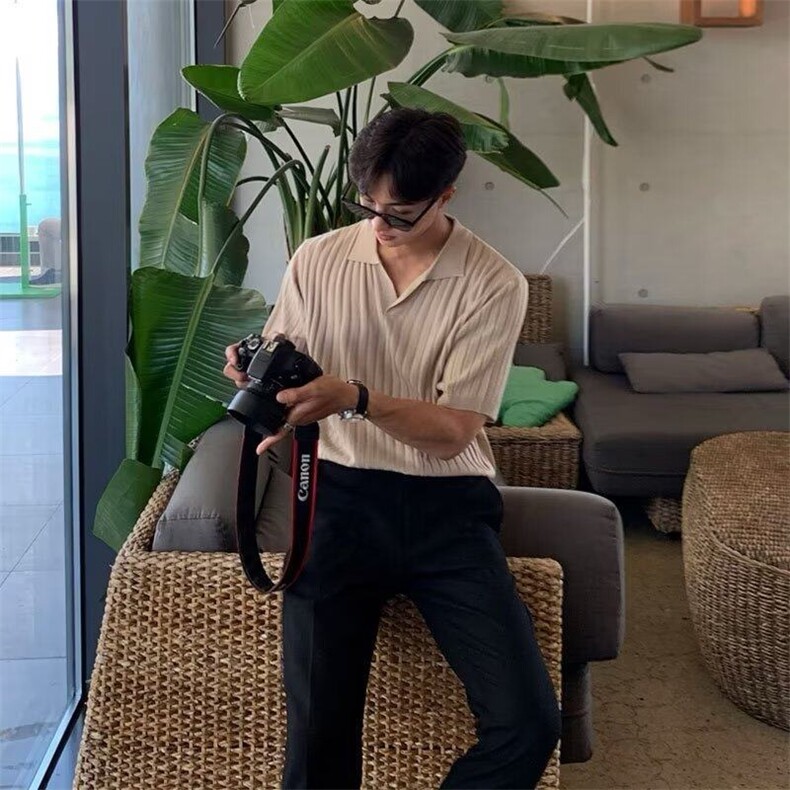 老钱风纯色条纹V领针织男短袖翻领上午冰丝Polo衫PL91/P48,男装Polo衫,电商A243