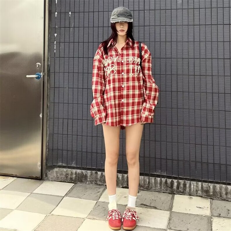 美式潮牌复古红色格子衬衫女春夏长袖防晒衬衣设计感宽松情侣外套,男装防晒衣,星座1210-1