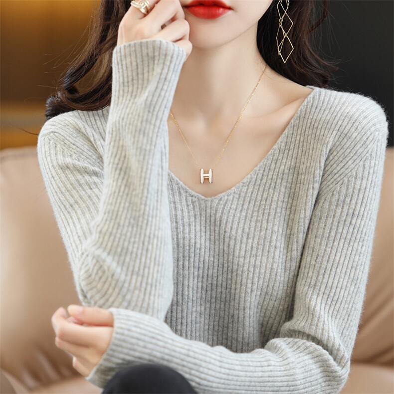 2025年秋季新款百搭女士V领抽条羊毛衫,女装羊毛衫,春贝羊绒