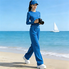 盐系高级感时尚气质套装女春季新款圆领长袖上衣阔腿长裤两件套潮，女装套装/套裙，江南