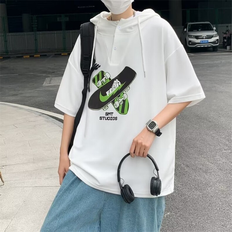 夏季新款男士冰丝连帽短袖t恤连帽男装宽松半袖潮流男孩体恤,男装T恤,星座1013
