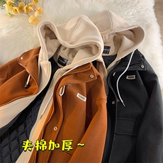 EQ160牛角扣加厚加棉冬季棉衣外套男假两件呢大衣潮牌P148，男装棉衣，电商C306-1
