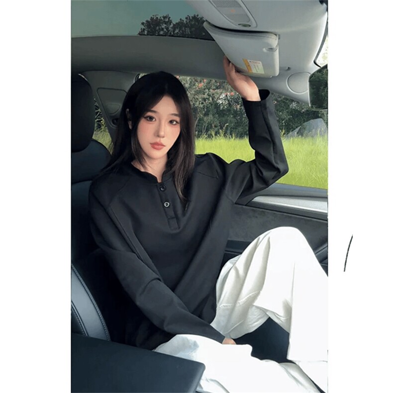 抖音得物品质美式高街重磅曼巴棉拼接cleanfit亨利领卫衣长袖T恤,男装T恤,电商A486-1