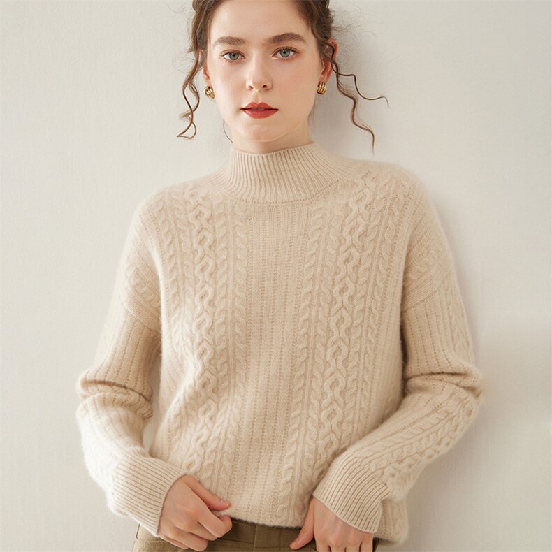 软糯亲肤三股加厚山羊绒女半高领菱形针织宽松内搭打底衫毛衣，女装羊绒衫，暖凌绒
