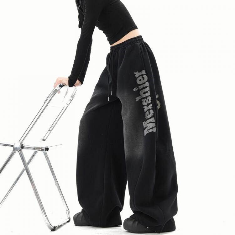 美式复古做旧字母弯刀阔腿卫裤女宽松休闲百搭直筒裤子女,男装休闲裤,星座715-4
