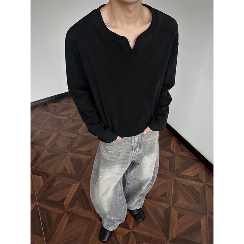 已下单5w件新款大码300g德绒复古纯色V领长袖T恤男T24572-特P18，男装T恤，电商A001