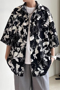 春夏宽松兔子印花男女情侣短袖休闲衬衫 A071-C61-P38图片