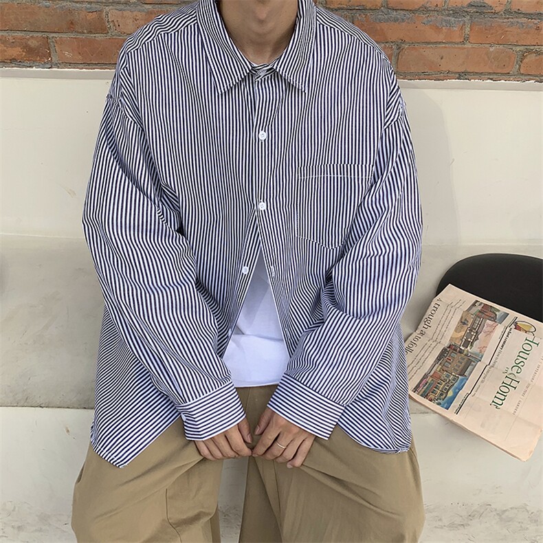 条纹衬衫男长袖休闲衬衣港风日系秋季上衣宽松痞帅外套CS520-P30,男装衬衫,星座1008