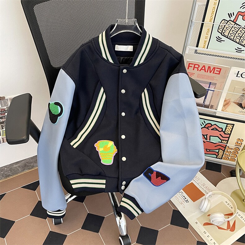 美式复古拼接徽章刺绣毛呢棒球服夹克男女潮牌外套WJ679-P70,男装夹克,星座1001-1