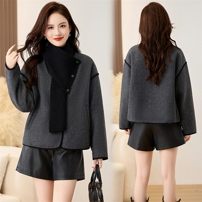 双面羊绒大衣加棉女2025冬新款韩系围巾可拆卸小个子短款毛呢外套，女装毛呢外套，衣之秀