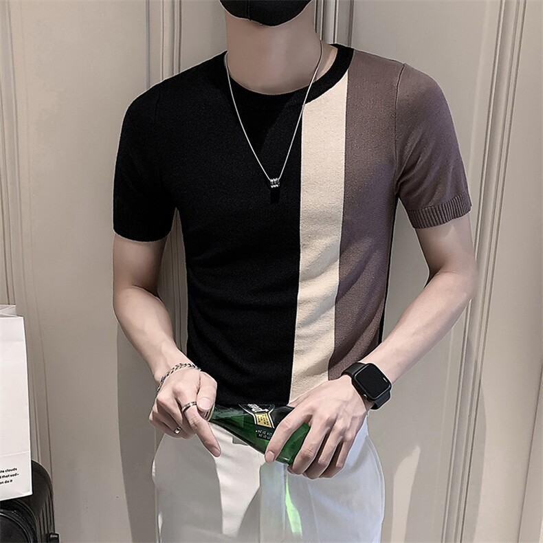 咖啡色2022精神小伙修身男士冰丝针织短袖T恤潮T083-P48控68,男装T恤,电商A108