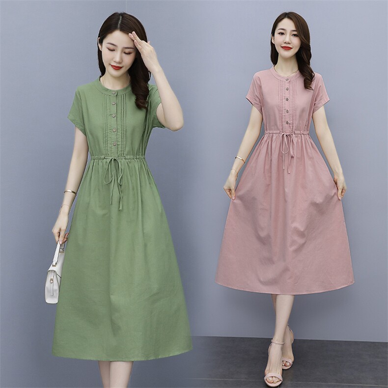 棉麻连衣裙女中长款2025年夏季新款女装文艺减龄短袖宽松亚麻裙子，女装连衣裙，鑫思依格