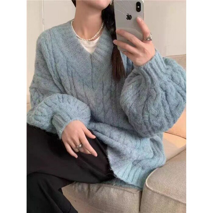 软糯慵懒风V领宽松中长款麻花针织衫毛衣外套女外穿上衣潮,男装针织衫/毛衣,星座1210-1