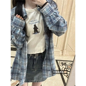 早春格子长袖衬衫女夏季防晒宽松外穿衬衣设计感小众翻领上衣外套图片