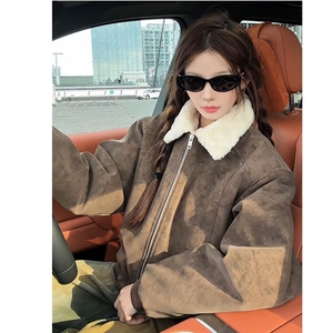 现货 美式宽松荔枝纹PU皮翻领夹棉加厚外套JK0421/P85图片