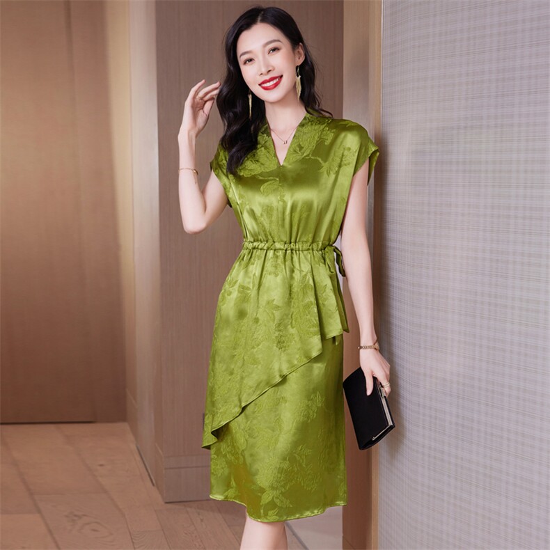 桑蚕丝春季新款优雅真丝短袖连衣裙修身显瘦红色印花裙,女装连衣裙,阿舍尔精品