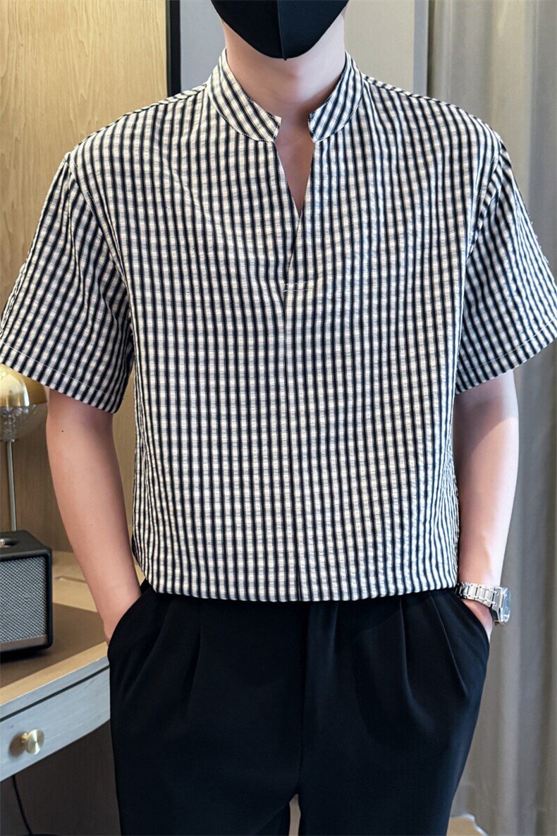 夏男立领格子衬衫男休闲宽松休闲衬衣小伙A236-82560-P60,男装衬衫,电商A236