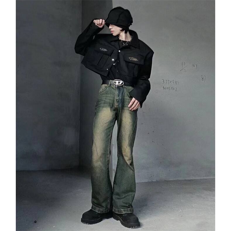 美式ins高街hiphop微喇重工艺水洗复古蓝牛仔裤货号K2322-1P60,男装牛仔裤,电商A063