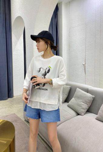 【现货】夏季新款纯棉薄款衬衫拼接七分袖圆领卫衣，女装衬衫，微迪菲