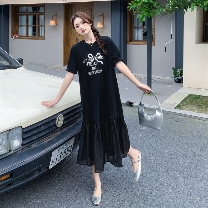 《现货48H发》翻领抽绳印花假两件连衣裙，女装连衣裙，MQ