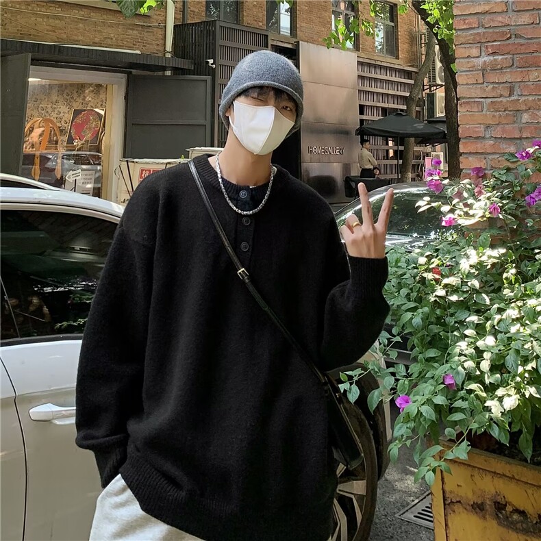 日系复古亨利领纽扣毛衣男款冬季灰色高级感M6527-P51,男装针织衫/毛衣,星座1109-3