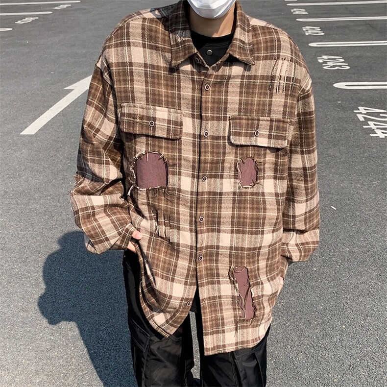 美式复古格子衬衫男宽松春秋休闲百搭外套潮男图片