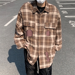 美式复古格子衬衫男宽松春秋休闲百搭外套潮男图片
