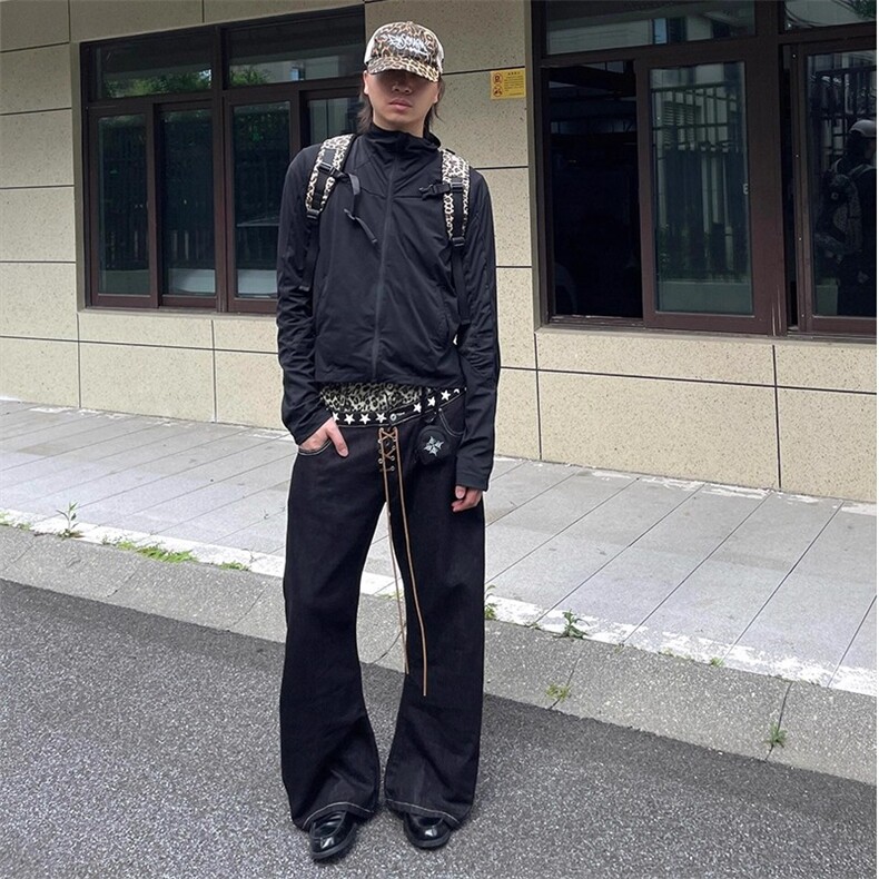 【现货】双腰头拼接豹纹弯刀牛仔裤男美式高街P55Y7099,男装牛仔裤,星座1112-1