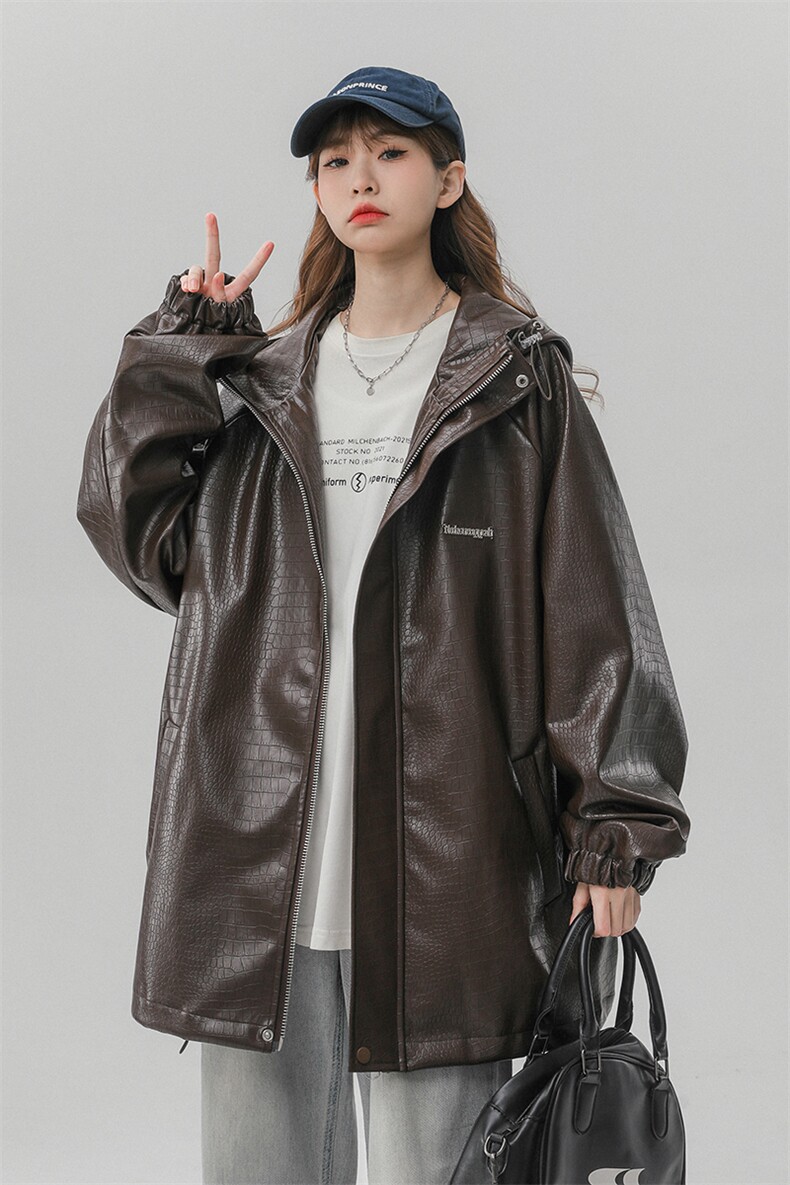 1鳄鱼纹连帽冲锋衣大码M-5XL面层：PU皮夹克女JK8744P90控128,男装夹克,星座226-2
