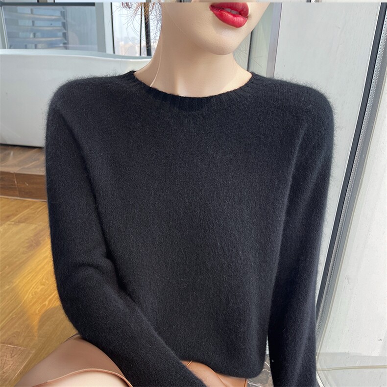 100%羊毛衫女无缝圆领软糯加厚纯色长袖毛衣宽松显瘦针织打底上衣,女装羊毛衫,美轩羊绒