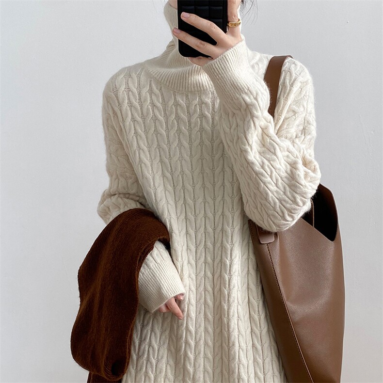 2025年秋季时尚百搭通勤简约休闲长款麻花高领加厚，女装羊毛衫，北娇羊绒