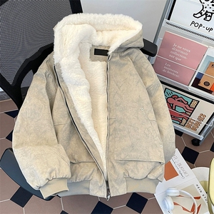 加绒加厚冬款男女连帽棉衣毛领座山雕铆钉扎染棉袄外套MY95 P115图片