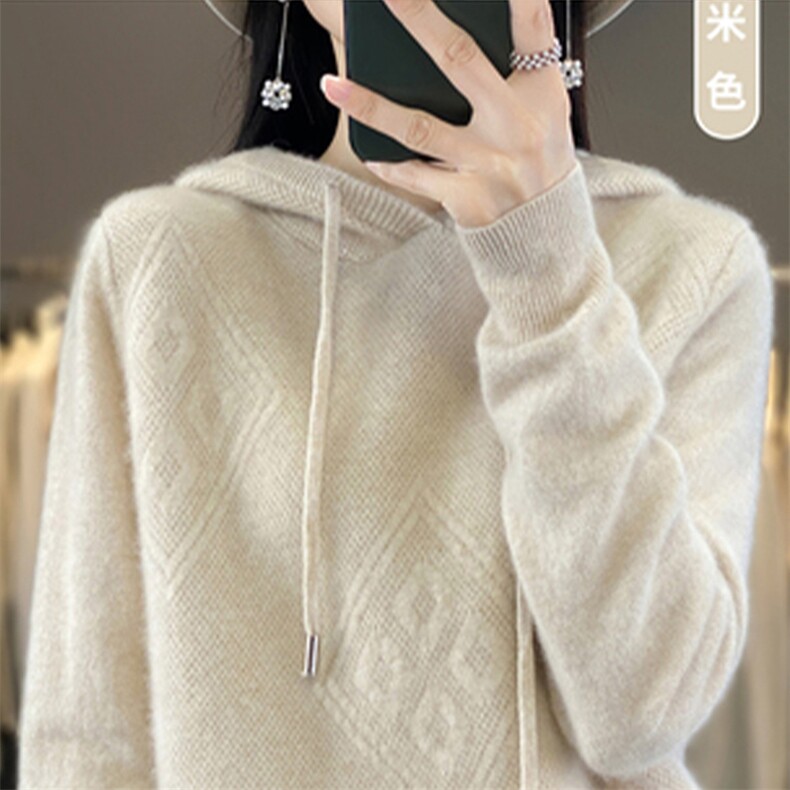连帽针织羊毛衫女士宽松纯色亲肤毛衣2025秋冬新款套头卫衣打底衫,针织衫/毛衣,德尔信羊绒