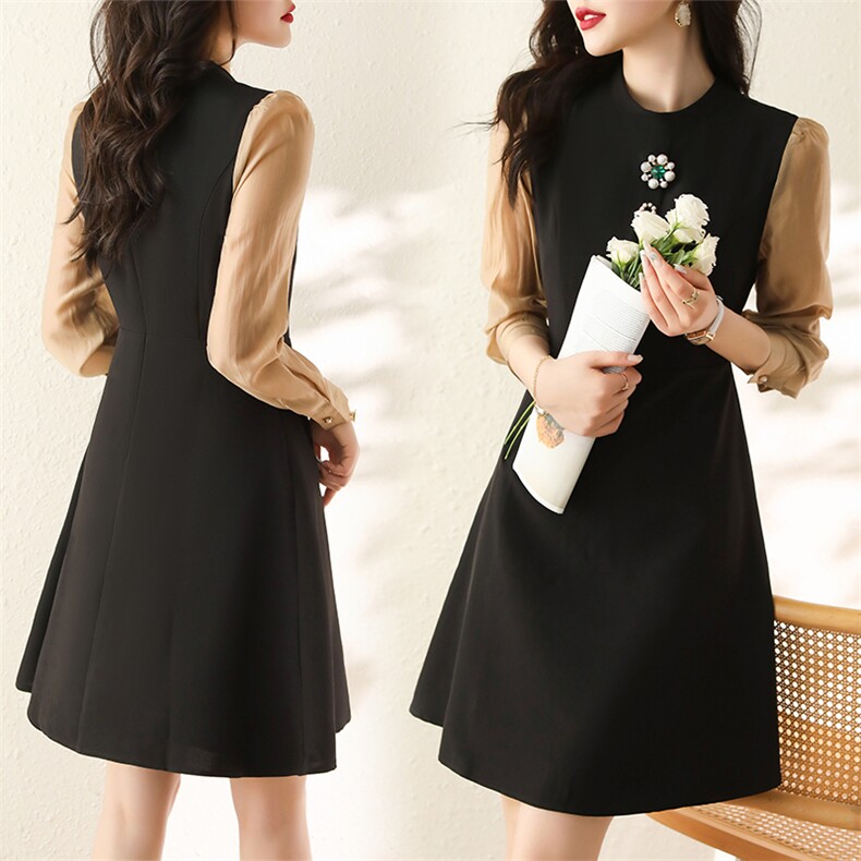 现货-2024秋季新款韩版拼接收腰显瘦裙子时尚圆领A字裙通勤中长款，女装连衣裙，霓裳依族