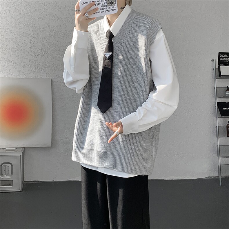 MY630-特P30控58 秋冬复古V领针织马甲男宽松坎肩背心毛衣外套图片