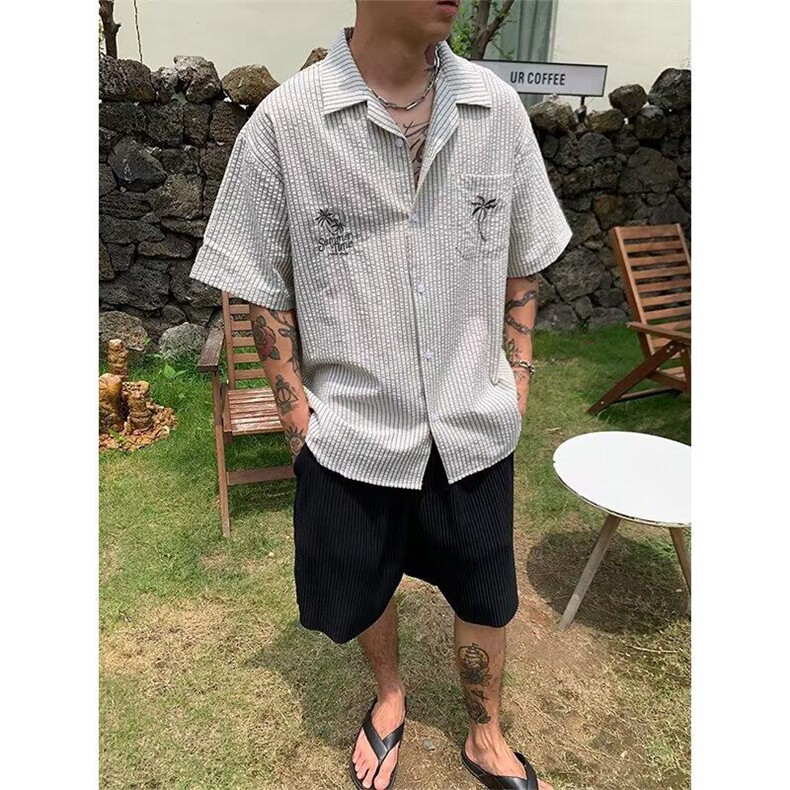 椰树刺绣短袖衬衫男款夏季日系度假风条纹衬衣复古五分袖翻领衬衣,男装衬衫,星座506A